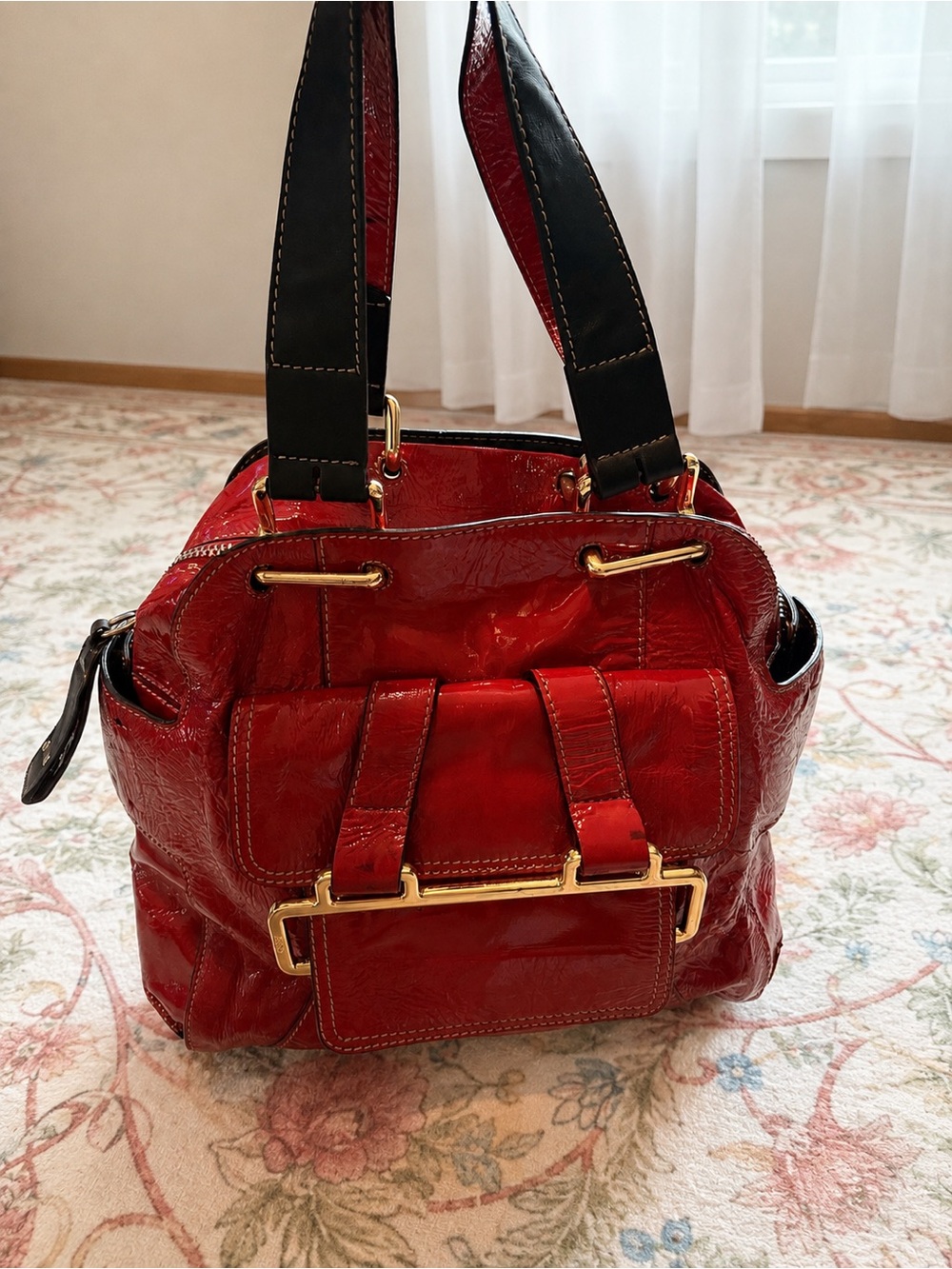 Chloe Red Patent Shoulder Bag with Black Straps and Gold Hardware